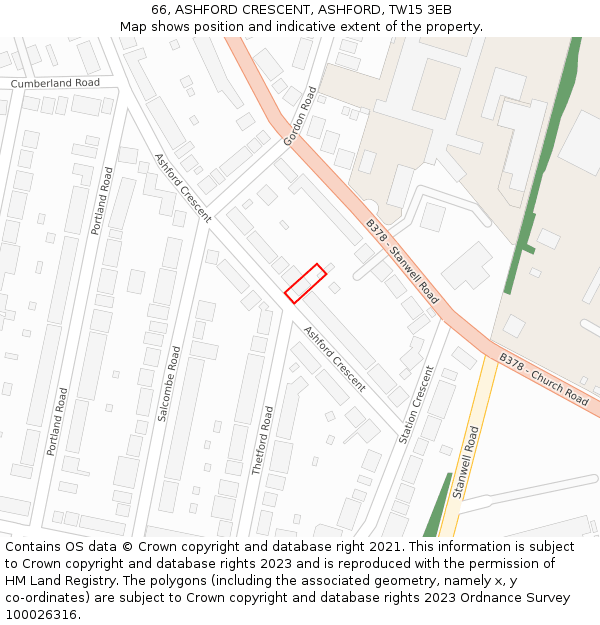 66, ASHFORD CRESCENT, ASHFORD, TW15 3EB: Location map and indicative extent of plot