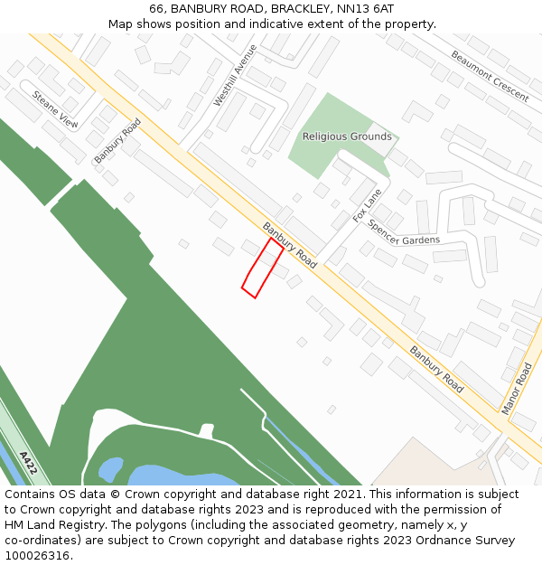 66, BANBURY ROAD, BRACKLEY, NN13 6AT: Location map and indicative extent of plot