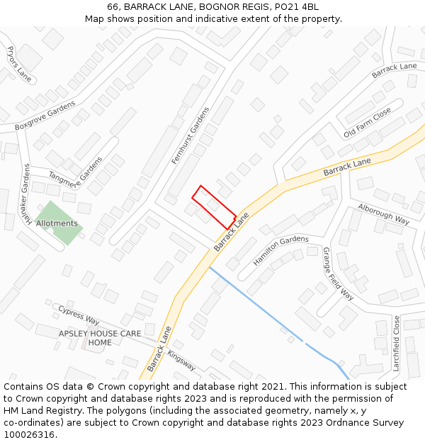 66, BARRACK LANE, BOGNOR REGIS, PO21 4BL: Location map and indicative extent of plot