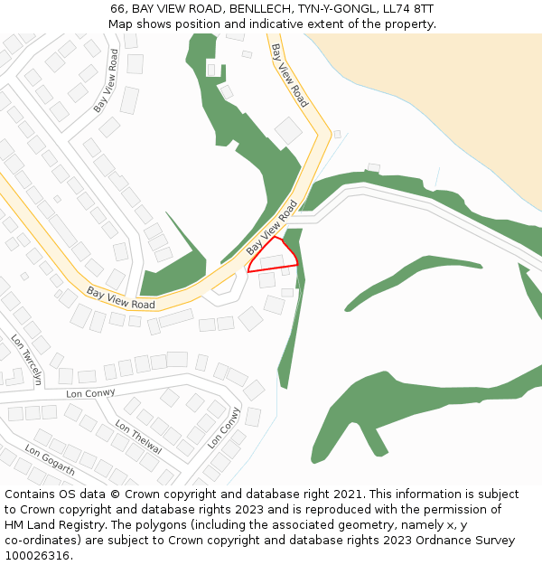 66, BAY VIEW ROAD, BENLLECH, TYN-Y-GONGL, LL74 8TT: Location map and indicative extent of plot