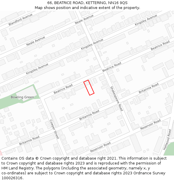 66, BEATRICE ROAD, KETTERING, NN16 9QS: Location map and indicative extent of plot