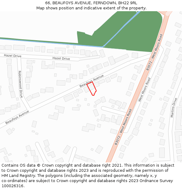 66, BEAUFOYS AVENUE, FERNDOWN, BH22 9RL: Location map and indicative extent of plot