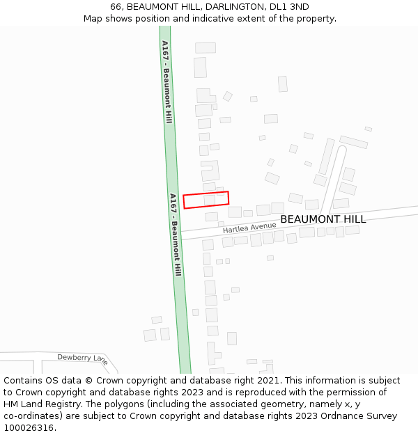 66, BEAUMONT HILL, DARLINGTON, DL1 3ND: Location map and indicative extent of plot