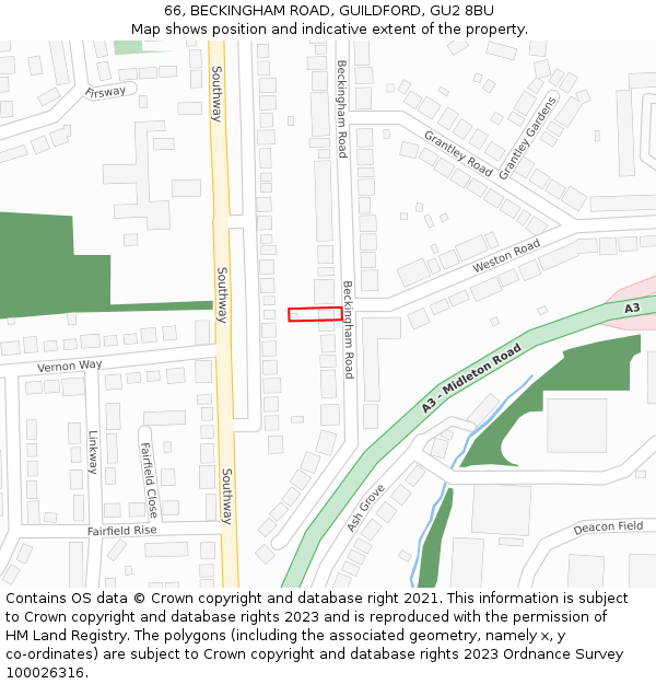 66, BECKINGHAM ROAD, GUILDFORD, GU2 8BU: Location map and indicative extent of plot