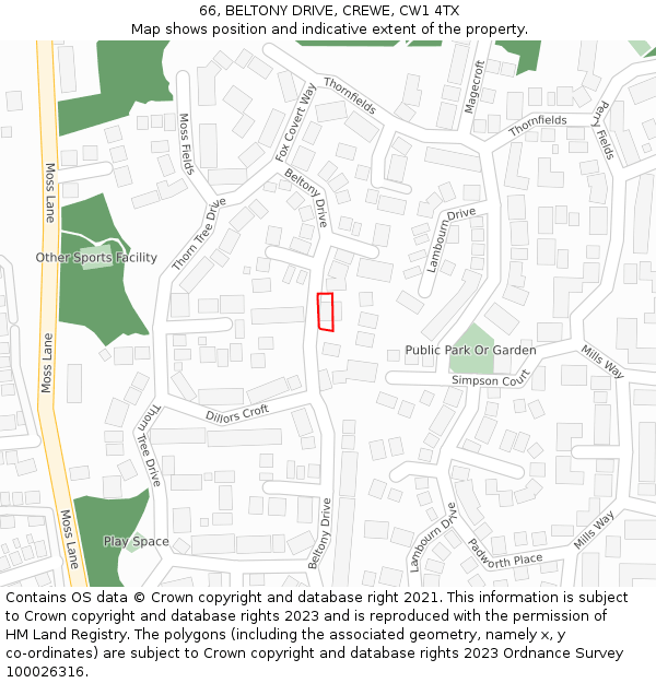 66, BELTONY DRIVE, CREWE, CW1 4TX: Location map and indicative extent of plot