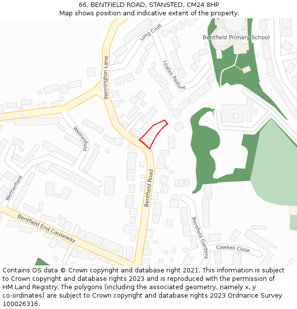 66, BENTFIELD ROAD, STANSTED, CM24 8HP: Location map and indicative extent of plot