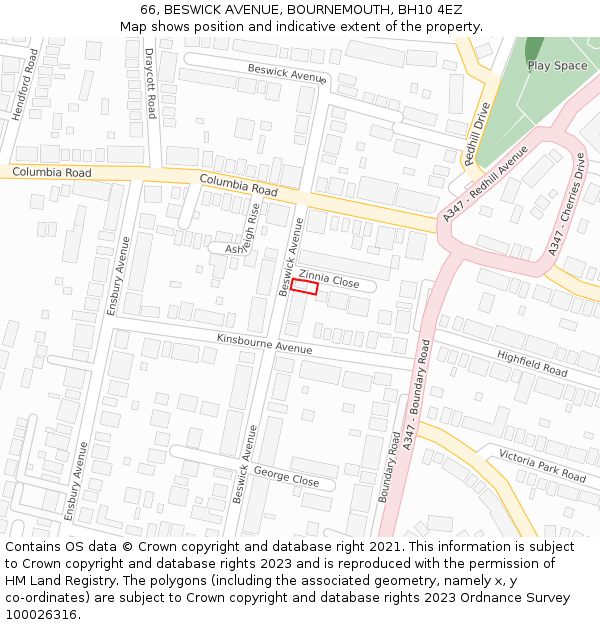 66, BESWICK AVENUE, BOURNEMOUTH, BH10 4EZ: Location map and indicative extent of plot