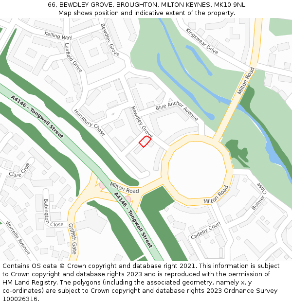 66, BEWDLEY GROVE, BROUGHTON, MILTON KEYNES, MK10 9NL: Location map and indicative extent of plot