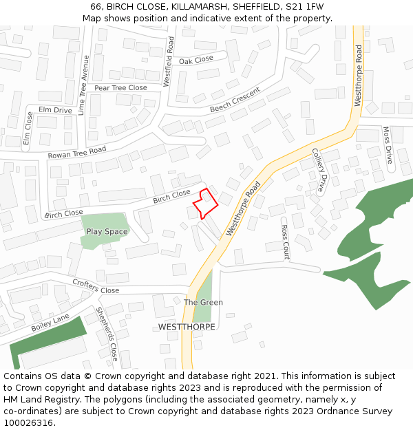66, BIRCH CLOSE, KILLAMARSH, SHEFFIELD, S21 1FW: Location map and indicative extent of plot