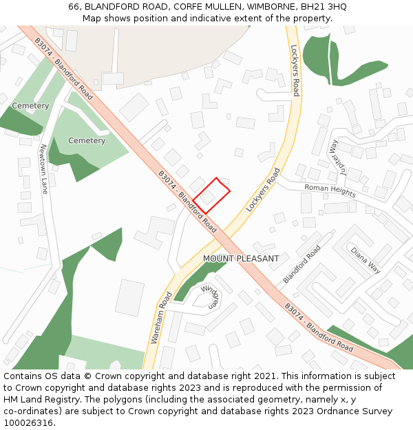 66, BLANDFORD ROAD, CORFE MULLEN, WIMBORNE, BH21 3HQ: Location map and indicative extent of plot