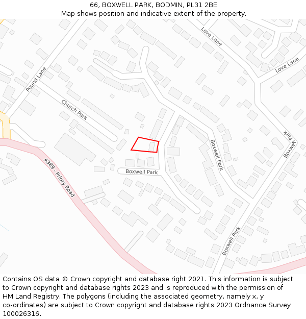 66, BOXWELL PARK, BODMIN, PL31 2BE: Location map and indicative extent of plot