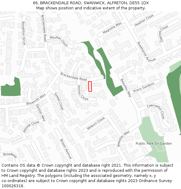 66, BRACKENDALE ROAD, SWANWICK, ALFRETON, DE55 1DX: Location map and indicative extent of plot