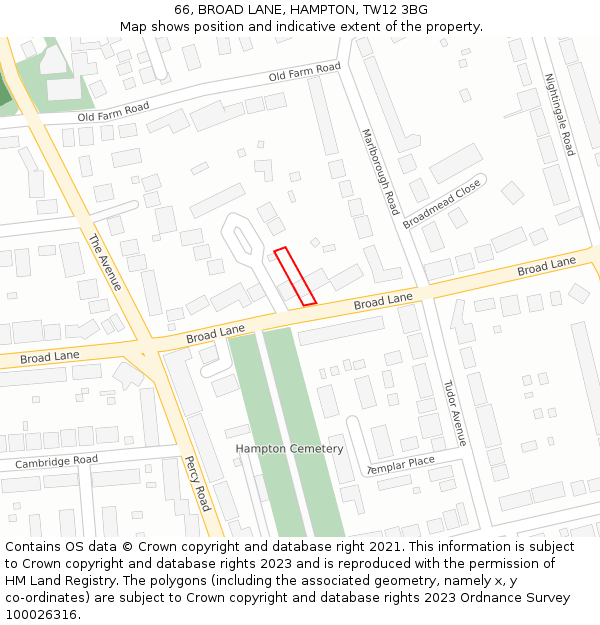 66, BROAD LANE, HAMPTON, TW12 3BG: Location map and indicative extent of plot