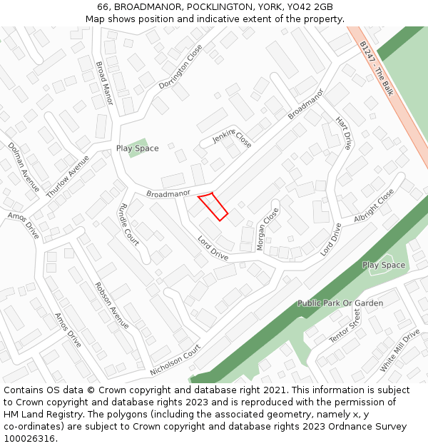 66, BROADMANOR, POCKLINGTON, YORK, YO42 2GB: Location map and indicative extent of plot