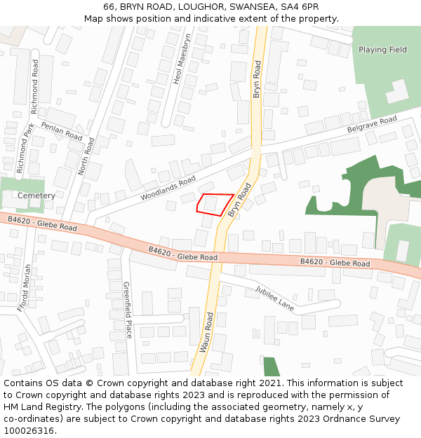 66, BRYN ROAD, LOUGHOR, SWANSEA, SA4 6PR: Location map and indicative extent of plot