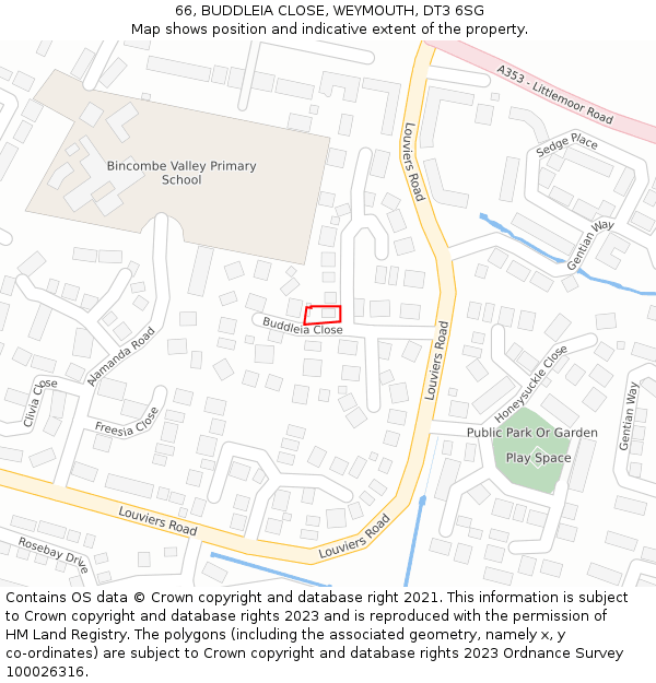 66, BUDDLEIA CLOSE, WEYMOUTH, DT3 6SG: Location map and indicative extent of plot