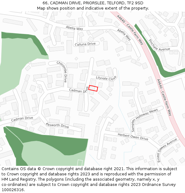 66, CADMAN DRIVE, PRIORSLEE, TELFORD, TF2 9SD: Location map and indicative extent of plot