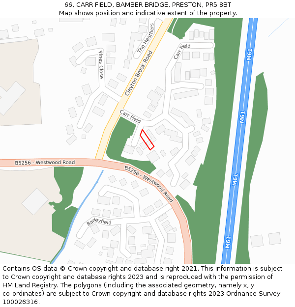 66, CARR FIELD, BAMBER BRIDGE, PRESTON, PR5 8BT: Location map and indicative extent of plot