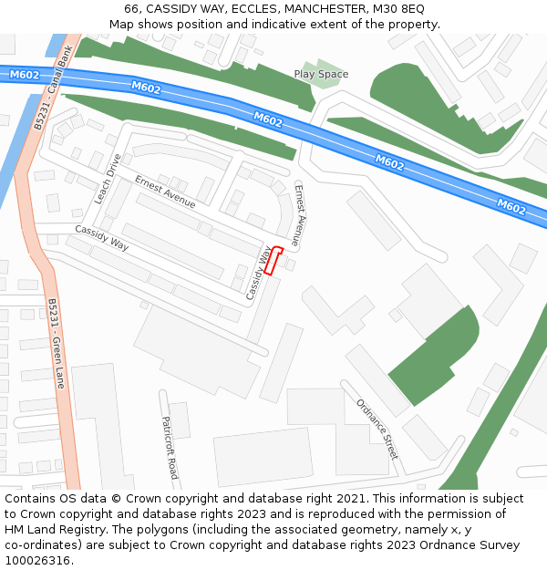 66, CASSIDY WAY, ECCLES, MANCHESTER, M30 8EQ: Location map and indicative extent of plot