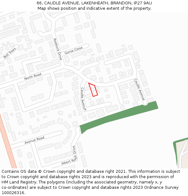 66, CAUDLE AVENUE, LAKENHEATH, BRANDON, IP27 9AU: Location map and indicative extent of plot