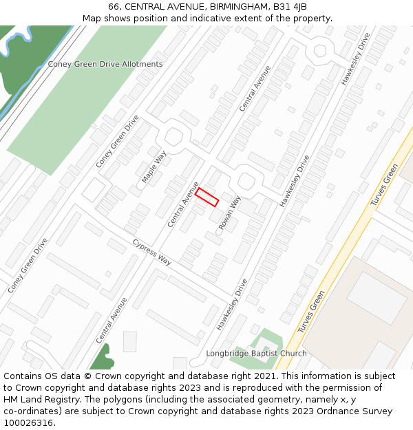 66, CENTRAL AVENUE, BIRMINGHAM, B31 4JB: Location map and indicative extent of plot