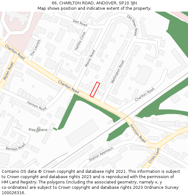 66, CHARLTON ROAD, ANDOVER, SP10 3JN: Location map and indicative extent of plot