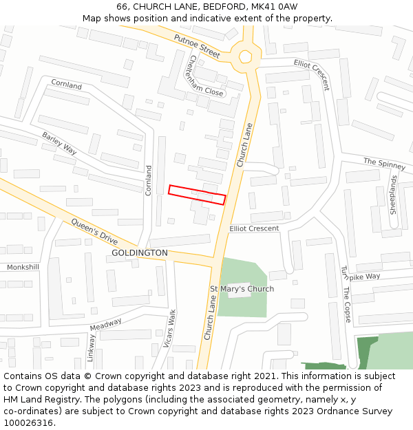 66, CHURCH LANE, BEDFORD, MK41 0AW: Location map and indicative extent of plot