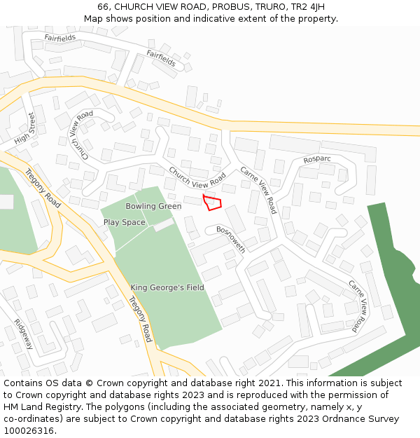 66, CHURCH VIEW ROAD, PROBUS, TRURO, TR2 4JH: Location map and indicative extent of plot