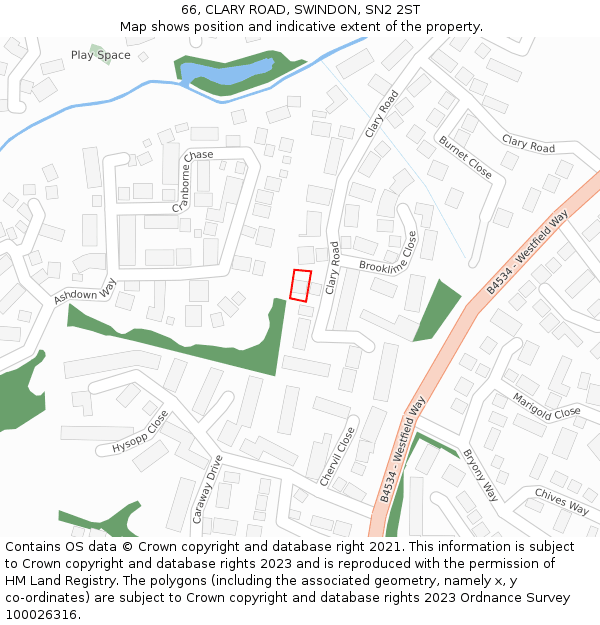 66, CLARY ROAD, SWINDON, SN2 2ST: Location map and indicative extent of plot