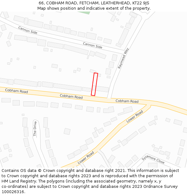 66, COBHAM ROAD, FETCHAM, LEATHERHEAD, KT22 9JS: Location map and indicative extent of plot