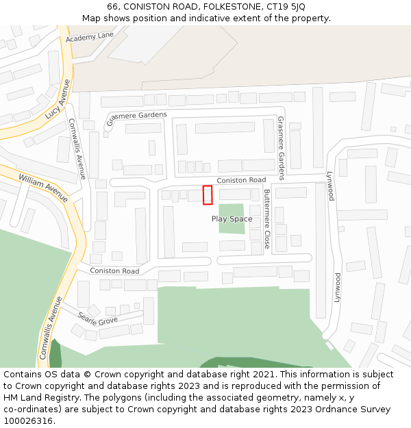 66, CONISTON ROAD, FOLKESTONE, CT19 5JQ: Location map and indicative extent of plot
