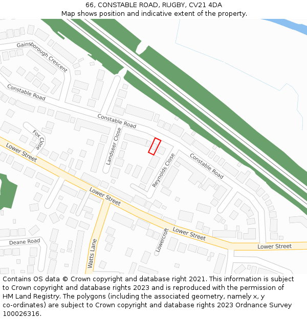 66, CONSTABLE ROAD, RUGBY, CV21 4DA: Location map and indicative extent of plot