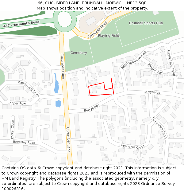 66, CUCUMBER LANE, BRUNDALL, NORWICH, NR13 5QR: Location map and indicative extent of plot