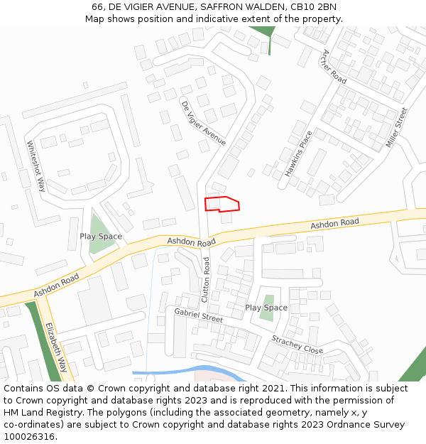 66, DE VIGIER AVENUE, SAFFRON WALDEN, CB10 2BN: Location map and indicative extent of plot