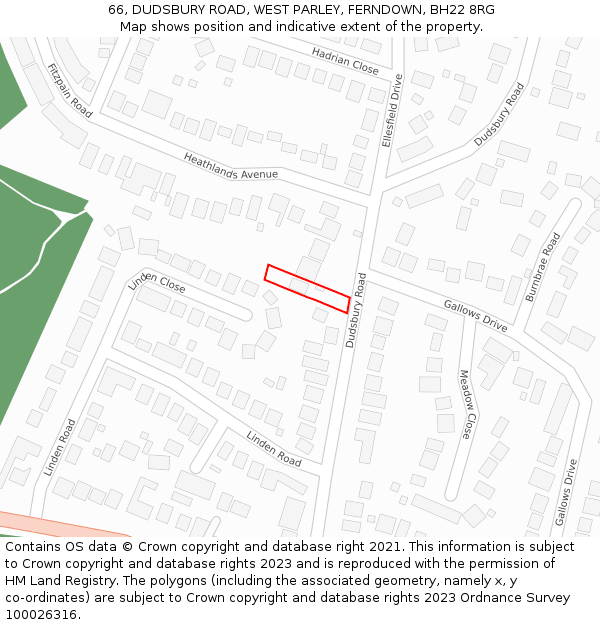 66, DUDSBURY ROAD, WEST PARLEY, FERNDOWN, BH22 8RG: Location map and indicative extent of plot