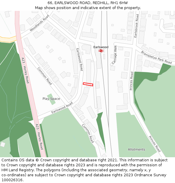 66, EARLSWOOD ROAD, REDHILL, RH1 6HW: Location map and indicative extent of plot