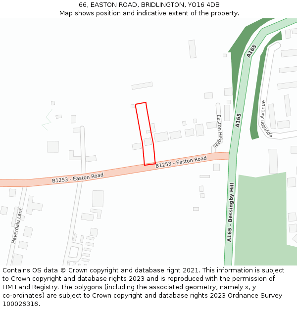 66, EASTON ROAD, BRIDLINGTON, YO16 4DB: Location map and indicative extent of plot