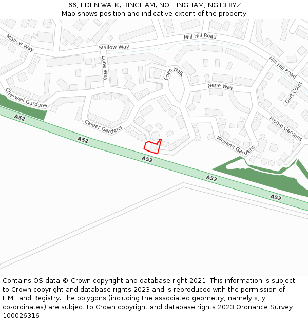 66, EDEN WALK, BINGHAM, NOTTINGHAM, NG13 8YZ: Location map and indicative extent of plot