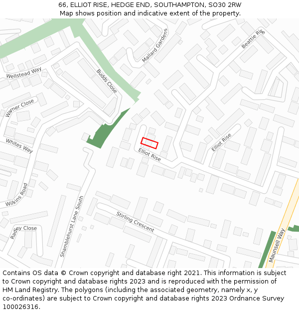 66, ELLIOT RISE, HEDGE END, SOUTHAMPTON, SO30 2RW: Location map and indicative extent of plot