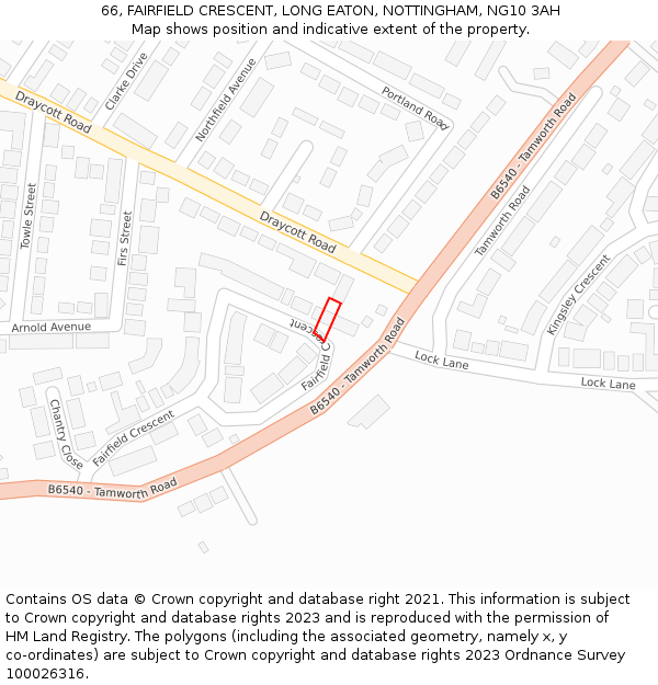 66, FAIRFIELD CRESCENT, LONG EATON, NOTTINGHAM, NG10 3AH: Location map and indicative extent of plot