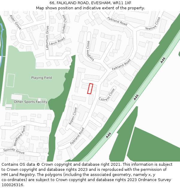 66, FALKLAND ROAD, EVESHAM, WR11 1XF: Location map and indicative extent of plot