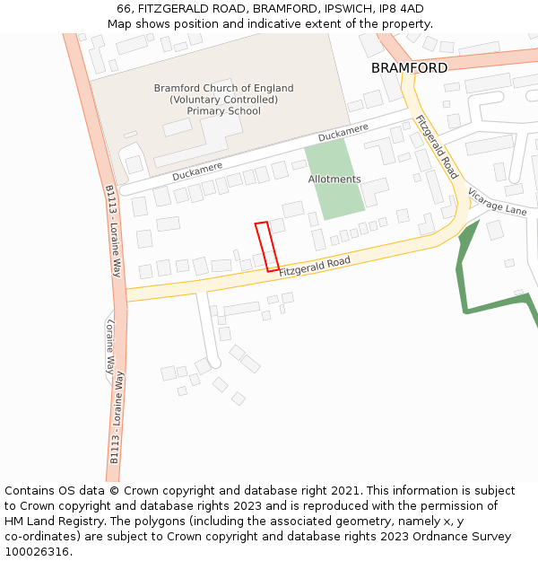 66, FITZGERALD ROAD, BRAMFORD, IPSWICH, IP8 4AD: Location map and indicative extent of plot