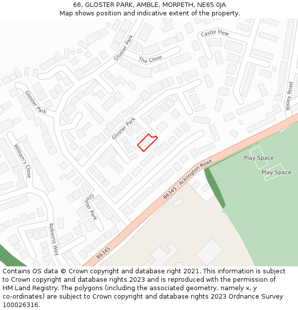 66, GLOSTER PARK, AMBLE, MORPETH, NE65 0JA: Location map and indicative extent of plot