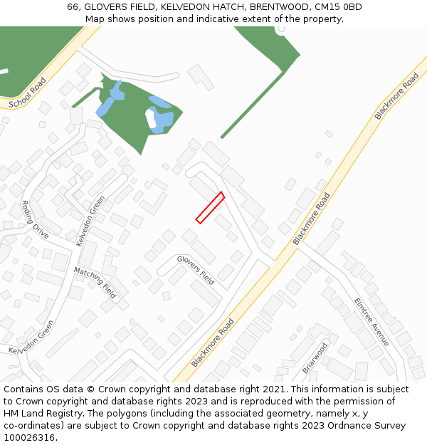 66, GLOVERS FIELD, KELVEDON HATCH, BRENTWOOD, CM15 0BD: Location map and indicative extent of plot