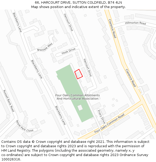 66, HARCOURT DRIVE, SUTTON COLDFIELD, B74 4LN: Location map and indicative extent of plot