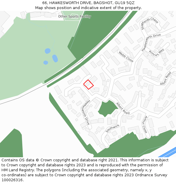 66, HAWKESWORTH DRIVE, BAGSHOT, GU19 5QZ: Location map and indicative extent of plot