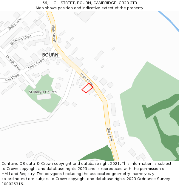 66, HIGH STREET, BOURN, CAMBRIDGE, CB23 2TR: Location map and indicative extent of plot