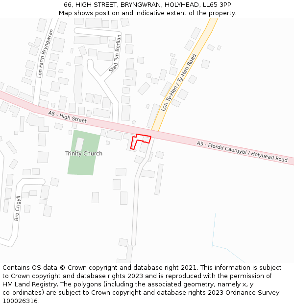 66, HIGH STREET, BRYNGWRAN, HOLYHEAD, LL65 3PP: Location map and indicative extent of plot