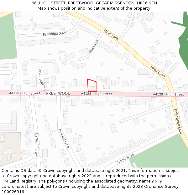 66, HIGH STREET, PRESTWOOD, GREAT MISSENDEN, HP16 9EN: Location map and indicative extent of plot