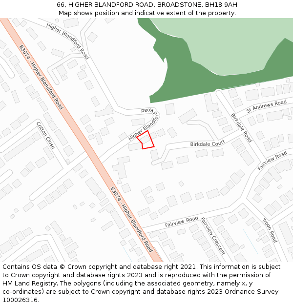 66, HIGHER BLANDFORD ROAD, BROADSTONE, BH18 9AH: Location map and indicative extent of plot